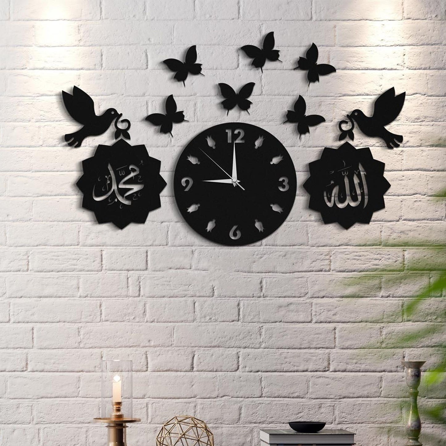 Allah Muhammad with beautiful butterfly Wooden Wall Clock Islamic 3D Style Wooden Wall Clock with light